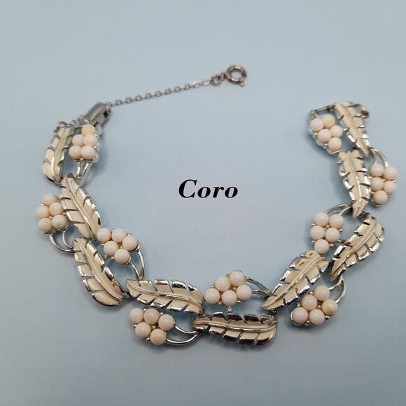 Vintage Coro White Enamel Bead Silver Tone Bracelet, 1950s, 7 Inches - Picture 1 of 10